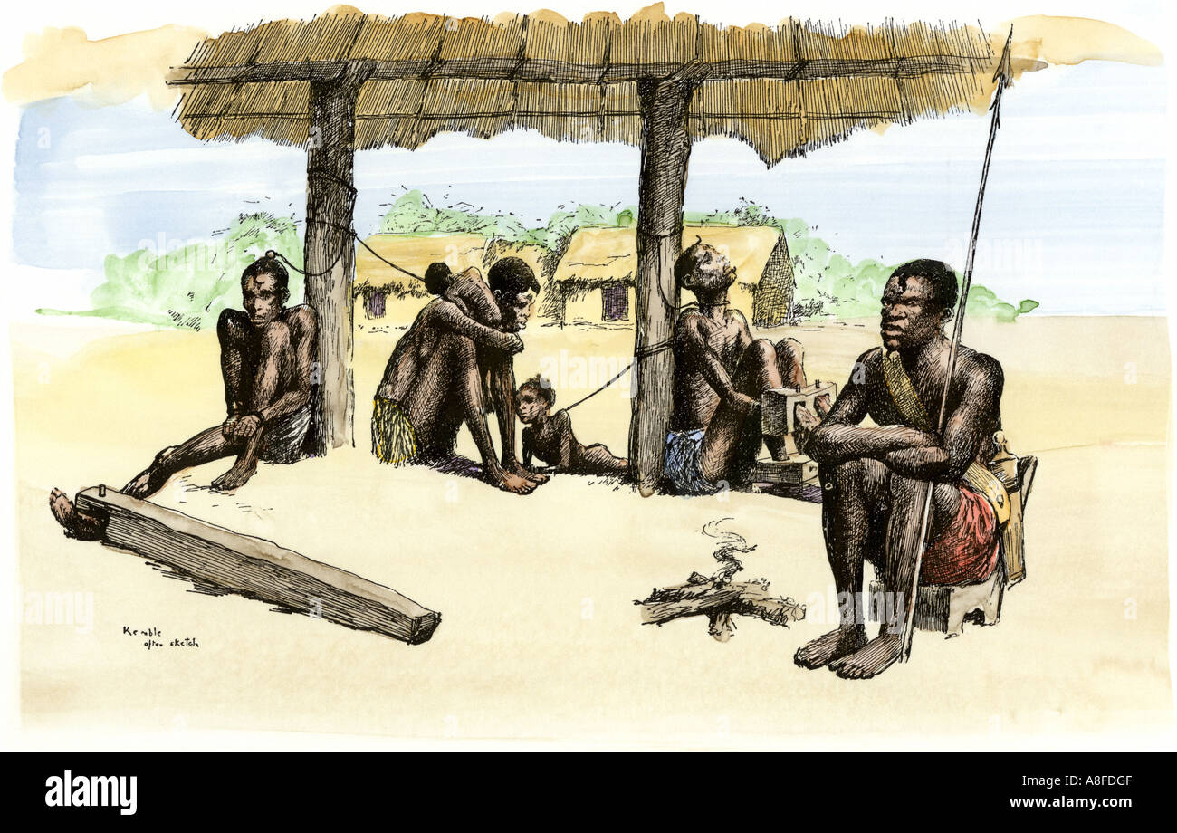 Slave Schuppen wo afrikanischen Gefangenen bis in die Sklaverei verkauft. Hand - farbige Holzschnitt Stockfoto