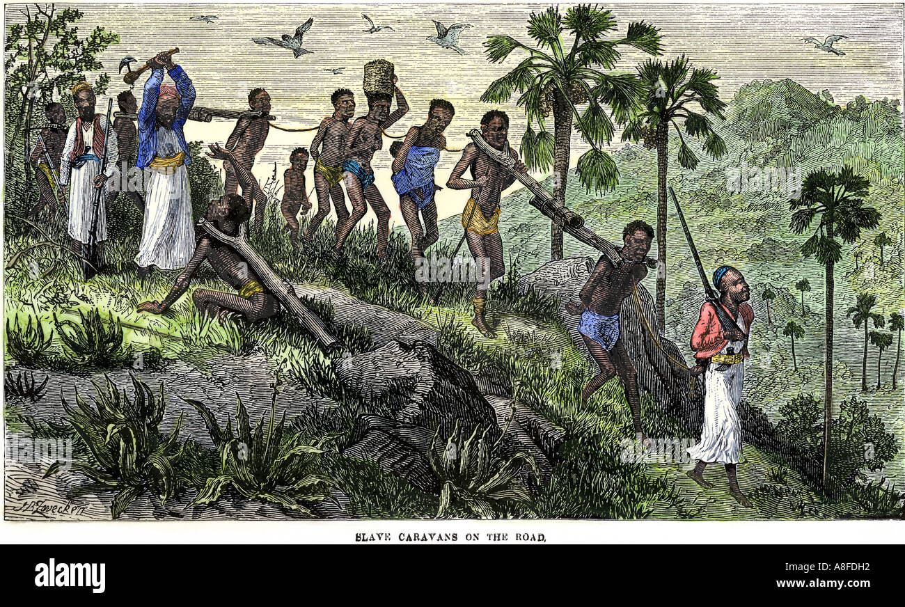 African slave Karawane marschierte an die Küste, wo sie Plantagen 1800s versandt werden. Hand - farbige Holzschnitt Stockfoto
