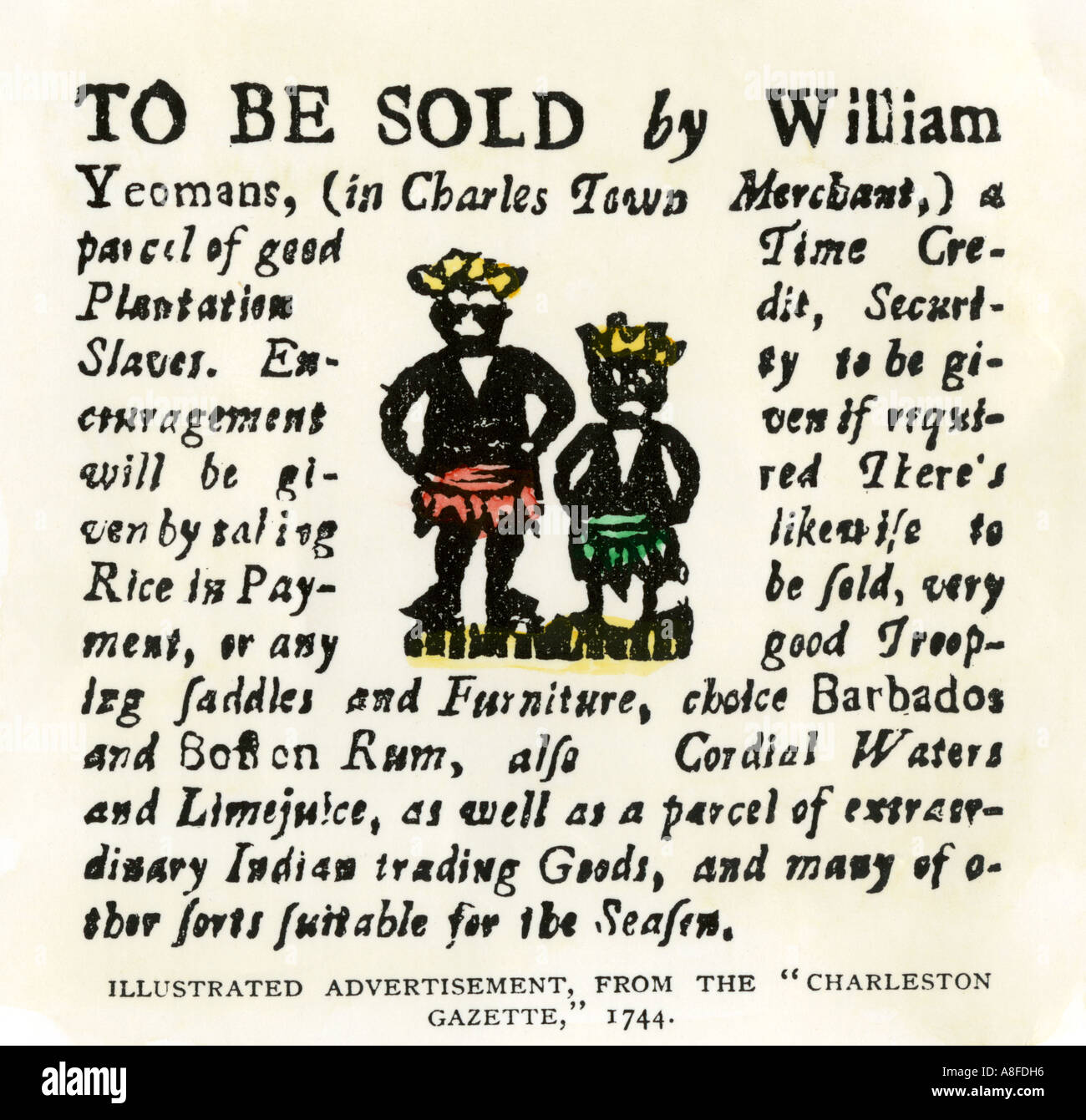 Verkauf von Sklaven Barbados rum und Seefahrt waren Werbung von der Charleston Gazette South Carolina 1744. Hand - farbige Holzschnitt Stockfoto