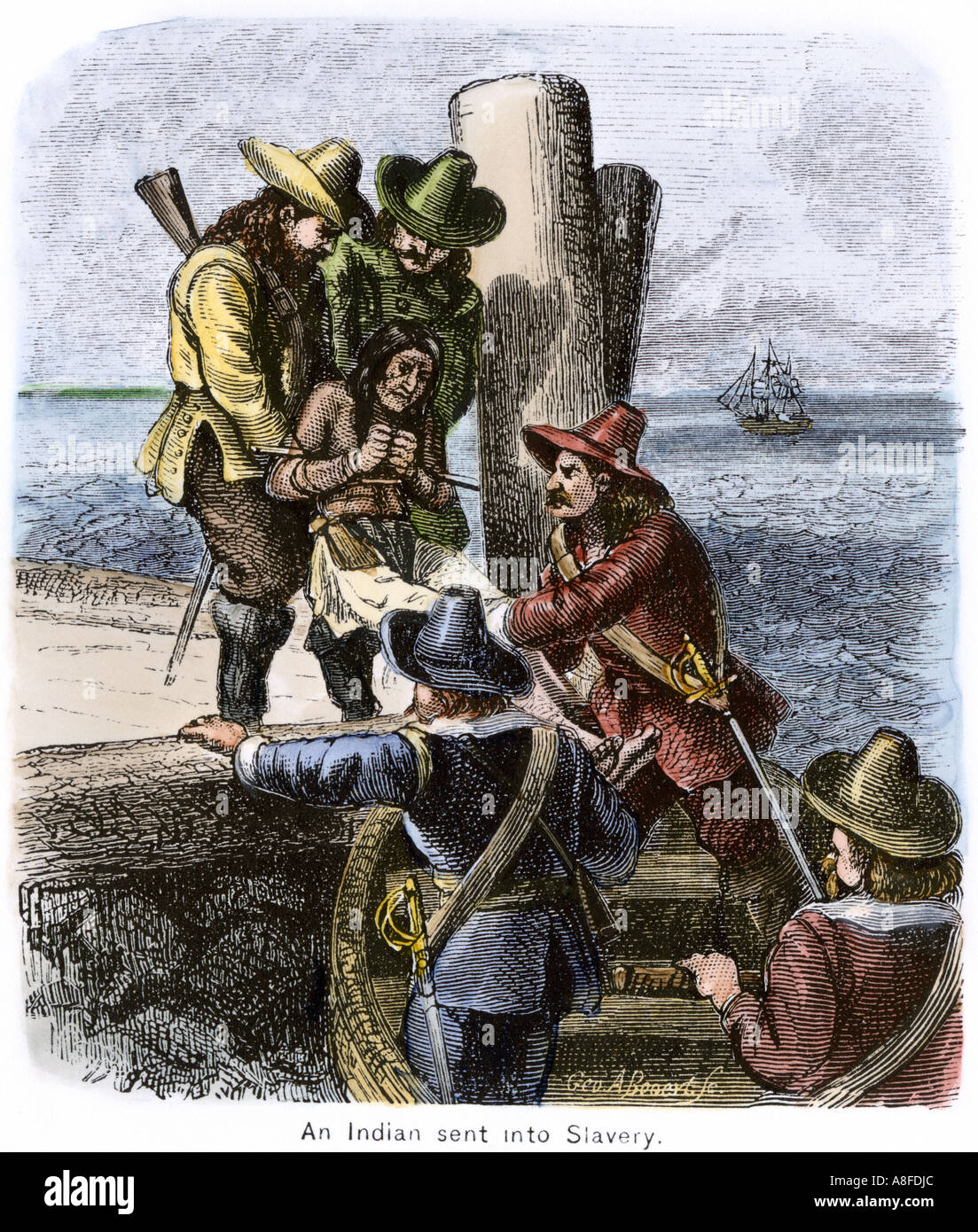 Native American geschickt in die Sklaverei durch Virginia Kolonisten 1600. Hand - farbige Holzschnitt Stockfoto