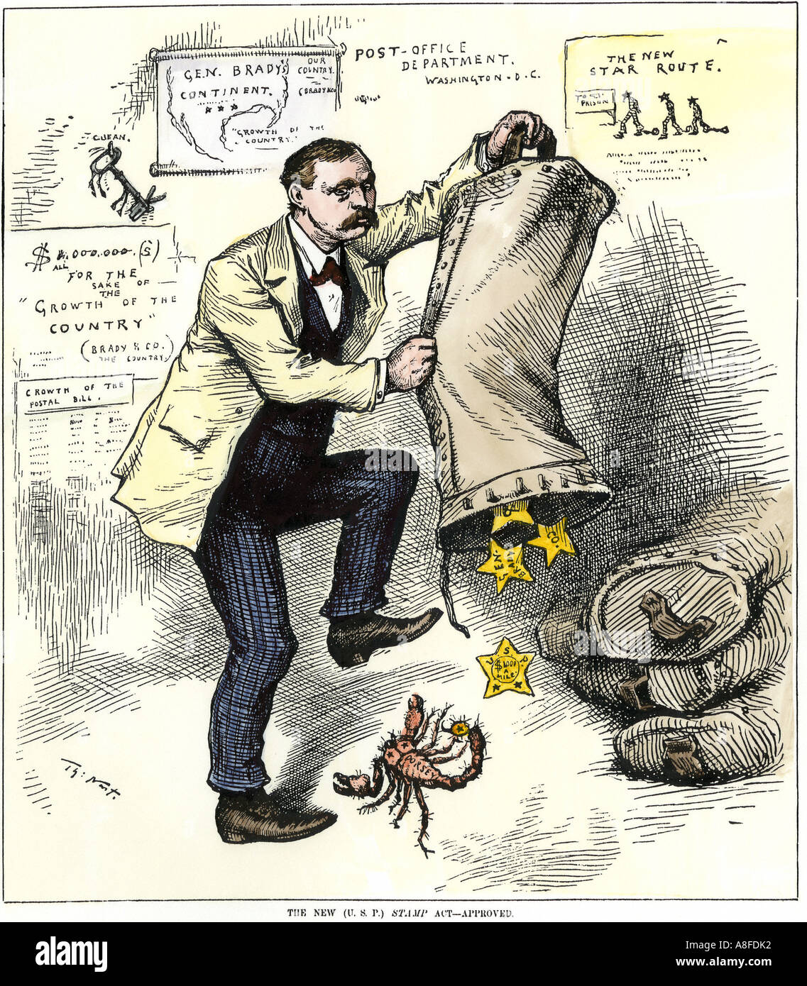 Cartoon von Postmaster Brady in der Star Route Skandal 1881. Hand - farbige Holzschnitt von Thomas Nast Cartoon Stockfoto
