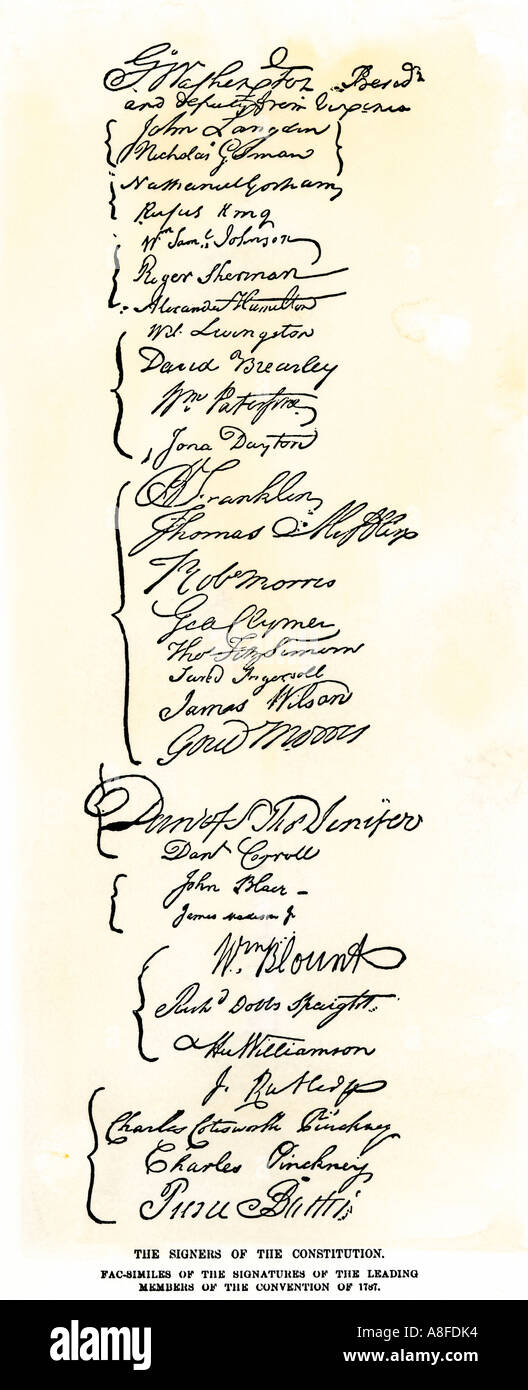 Signatur von führenden Mitgliedern der verfassunggebenden Versammlung 1787. Holzschnitt mit einem Aquarell waschen Stockfoto