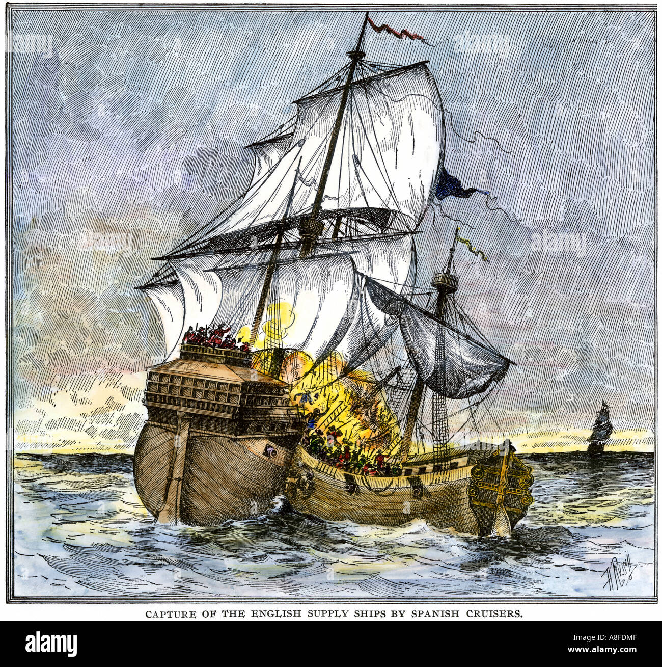 Spanisch Kreuzer Erfassung englische Handelsschiffe liefert zu den amerikanischen Kolonien. Hand - farbige Holzschnitt Stockfoto