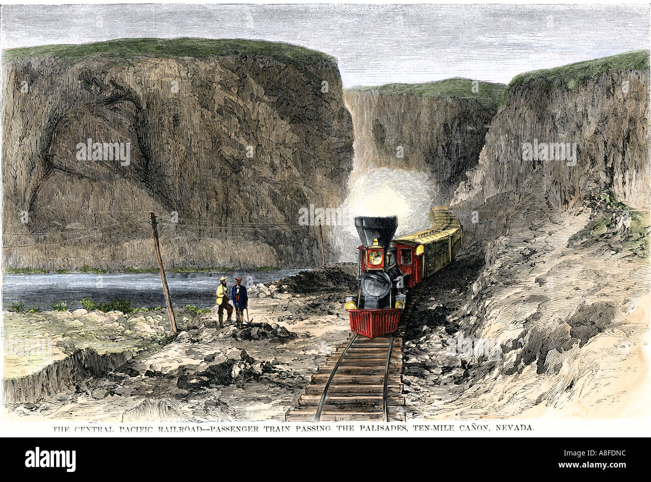 Central Pacific Personenzug durch einen Canyon in Nevada 1869 vorbei. Hand - farbige Holzschnitt Stockfoto