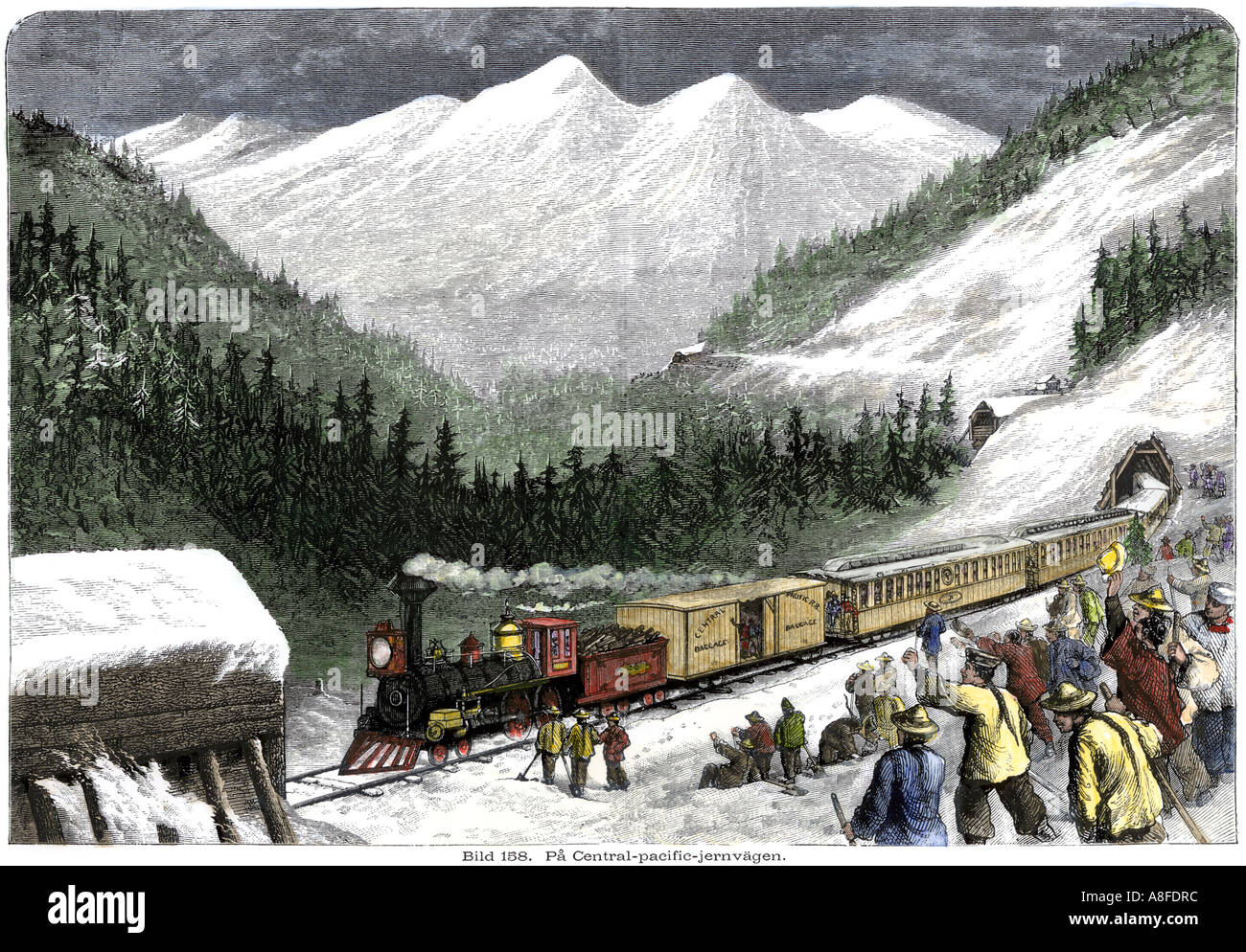 Eisenbahner Jubel der erste Zug über die Berge der Sierra Nevada, geschützt durch snowsheds. Hand - farbige Holzschnitt Stockfoto