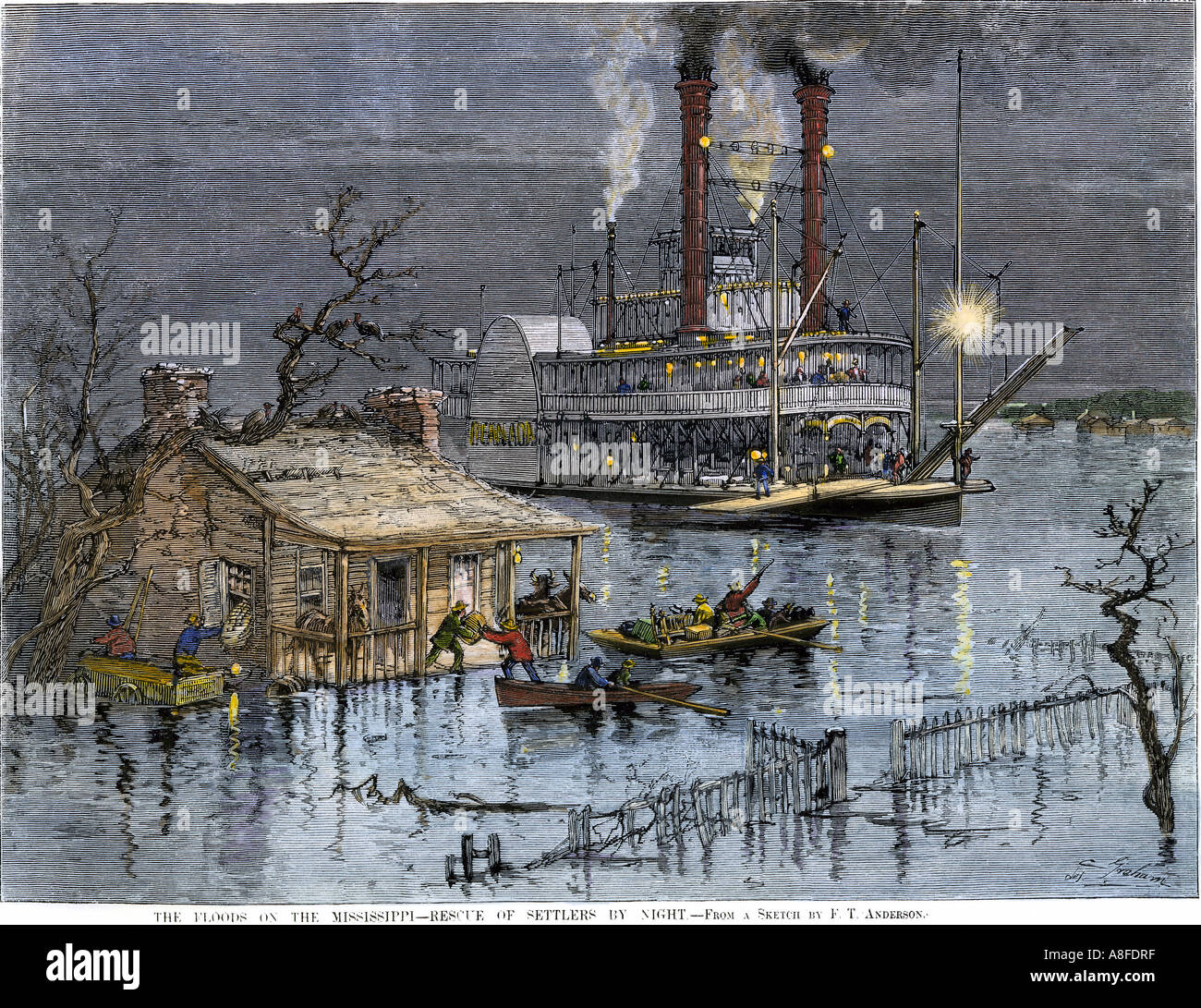Familie gerettet durch Riverboat in der Nacht von Überschwemmungen auf dem Mississippi 1882. Hand - farbige Holzschnitt Stockfoto