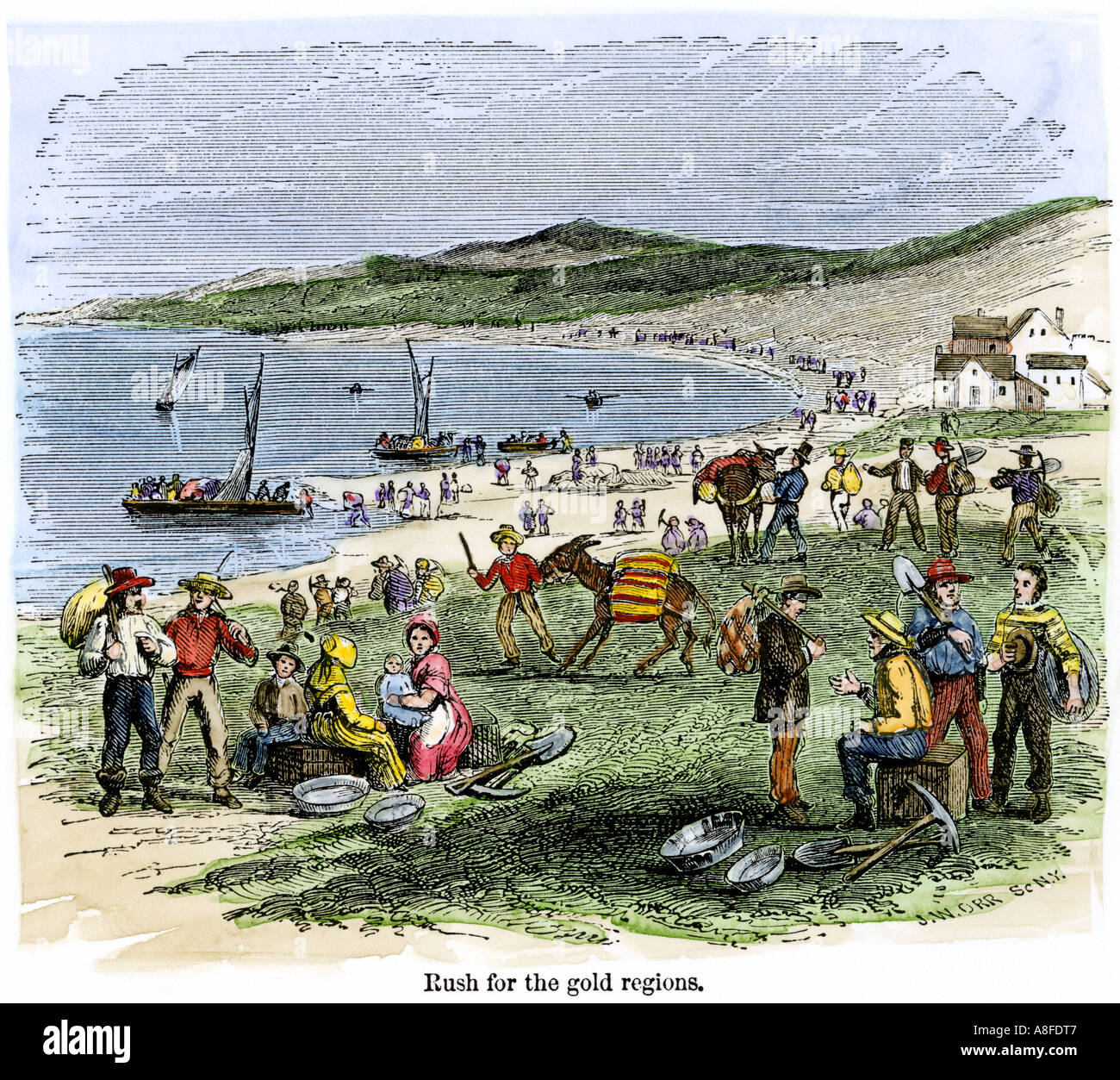 Goldsucher Landung in San Francisco zu Bergbauregionen 1849 zu hetzen. Hand - farbige Holzschnitt Stockfoto
