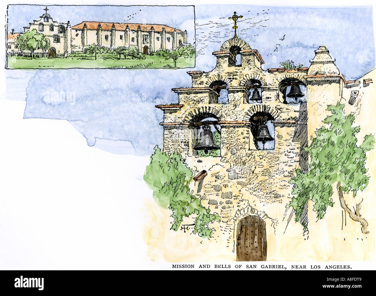 Alte spanische Mission und der Glockenturm von San Gabriel in der Nähe von Los Angeles. Hand - farbige Holzschnitt Stockfoto