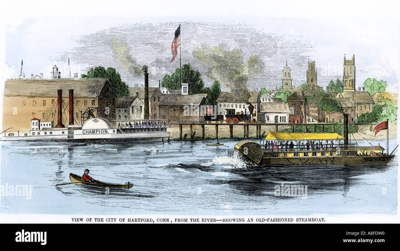 Anzeigen von Hartford auf der Connecticut River mit dampfschiffen und ein dampfzug von 1850. Hand - farbige Holzschnitt Stockfoto