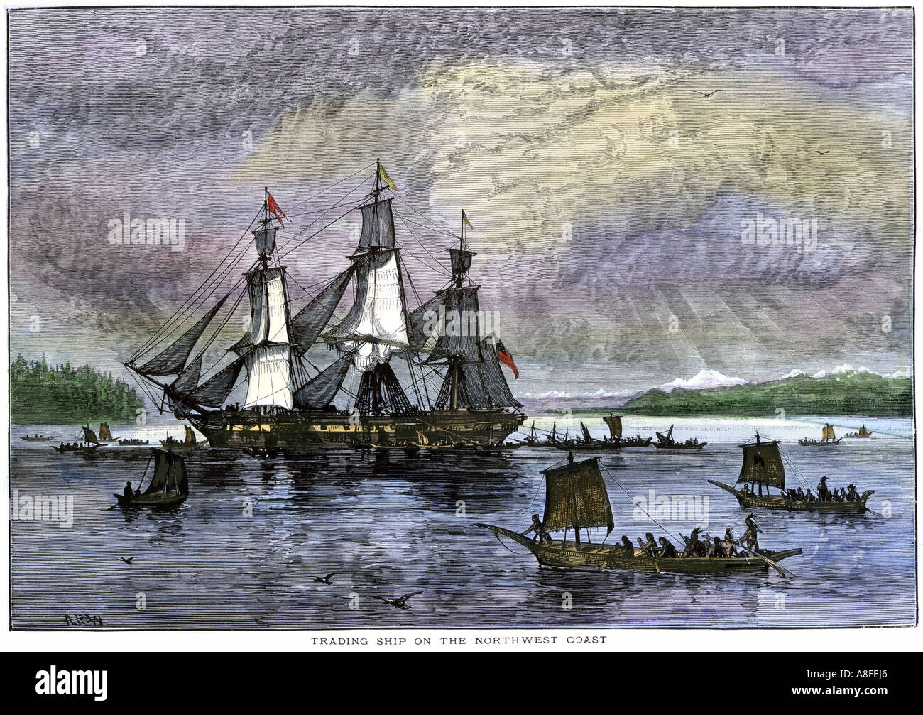 Gebürtige Amerikaner paddeln Kanu ein Schiff auf der pazifischen Nordwestküste zu erfüllen. Hand - farbige Holzschnitt Stockfoto