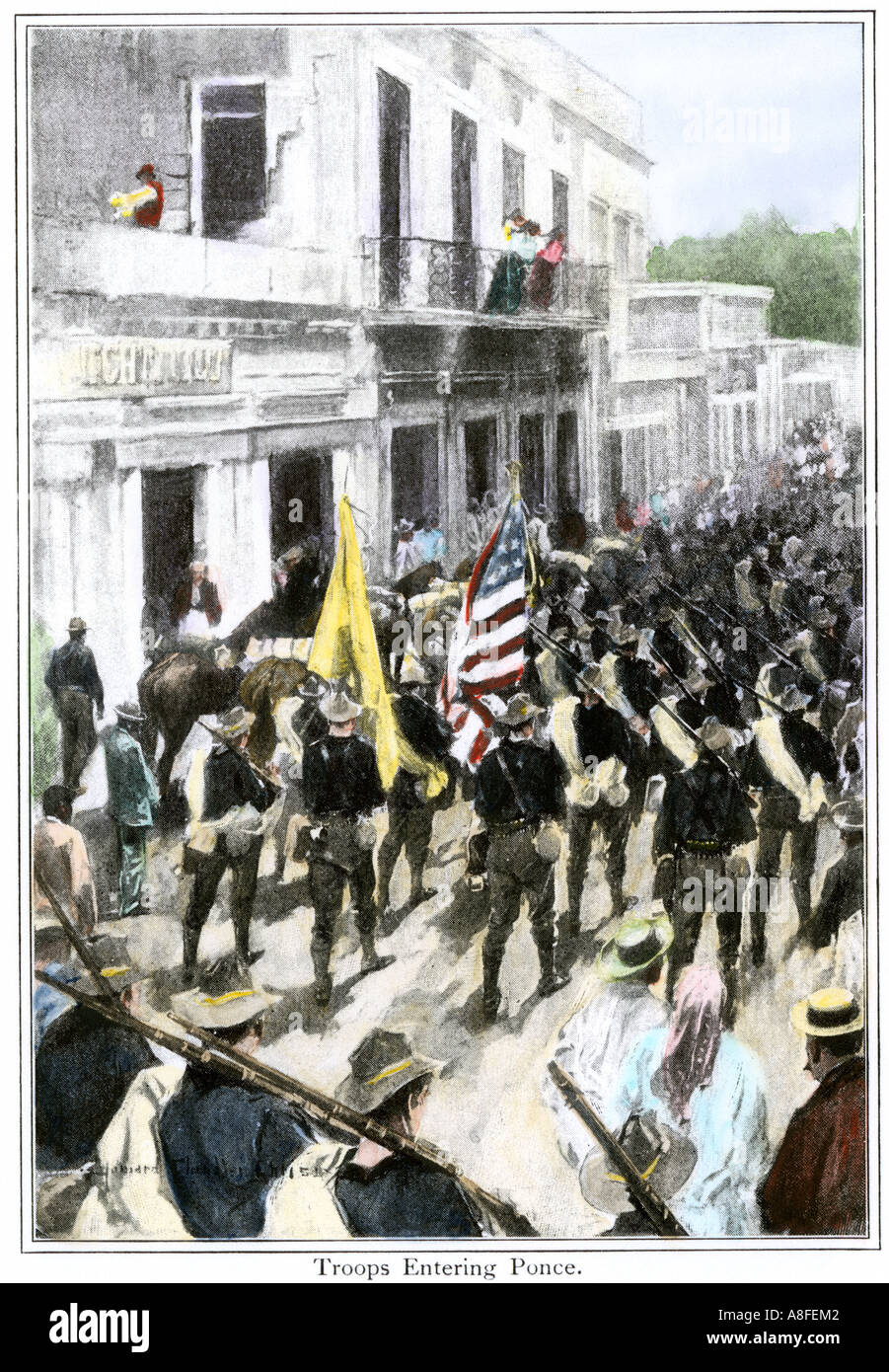 US-Truppen in Ponce, Puerto Rico im spanisch-amerikanischen Krieg von 1898. Handcolorierte halftone einer Abbildung Stockfoto
