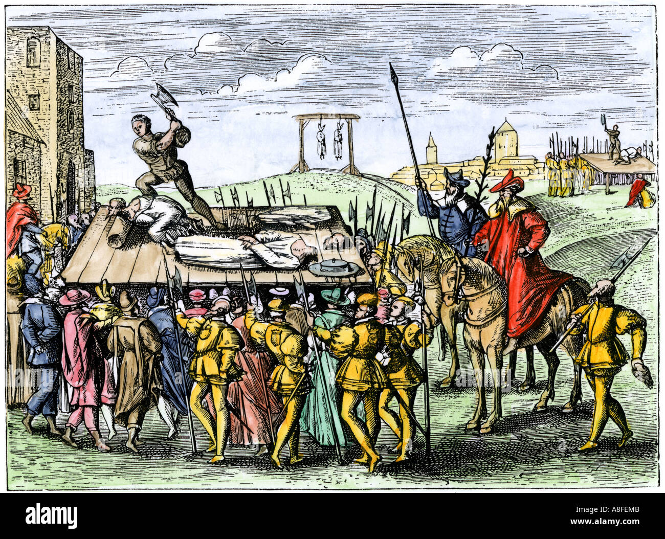 Die römischen Katholiken im Auftrag von Henry VIII einschließlich Thomas More, John Fisher und der Gräfin von Salisbury 1535 enthauptet. Hand - farbige Holzschnitt Stockfoto