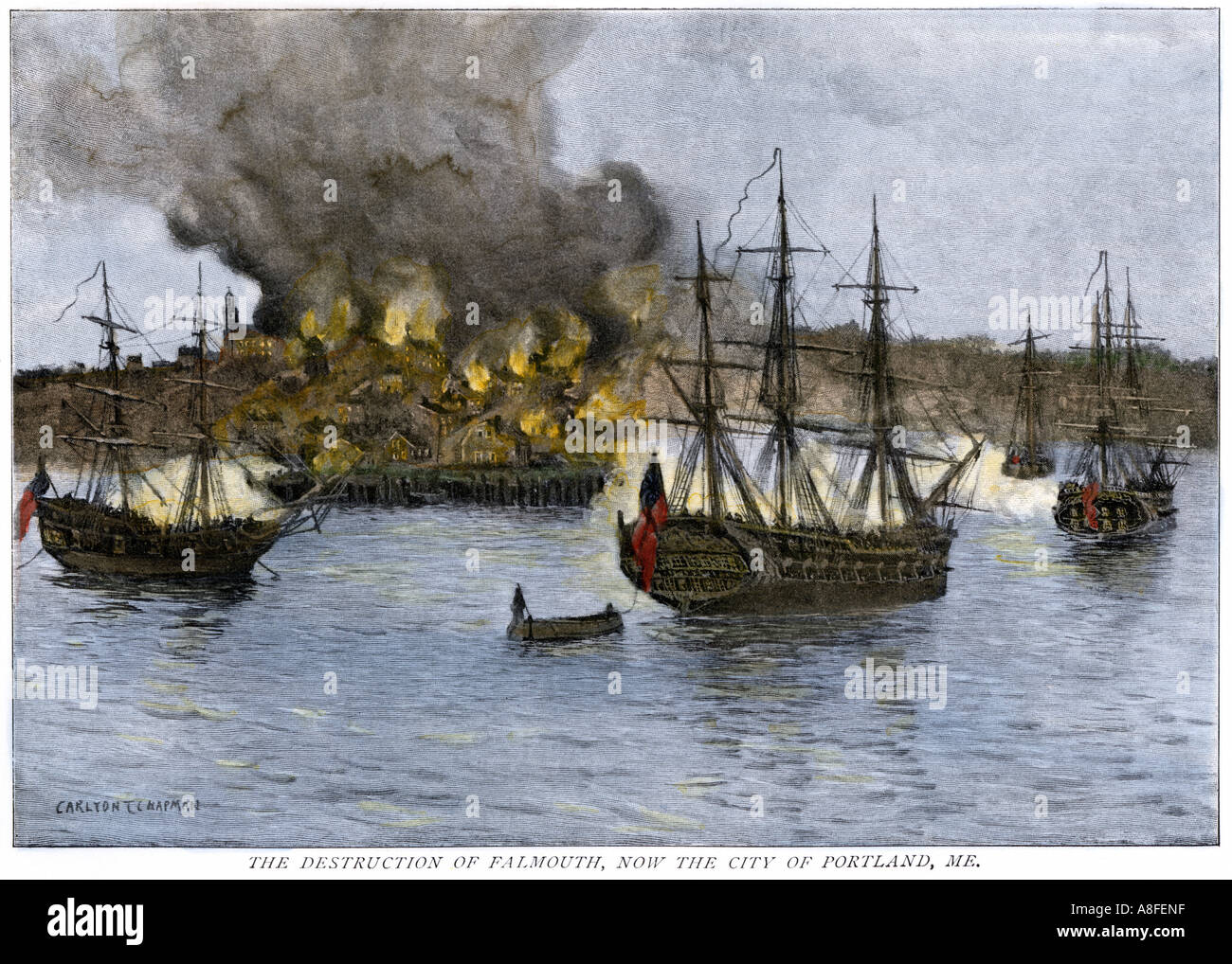 Zerstörung von Falmouth aka Portland Maine durch Artilleriefeuer aus britischen Schiffen, Oktober 1775. Hand - farbige Holzschnitt Stockfoto
