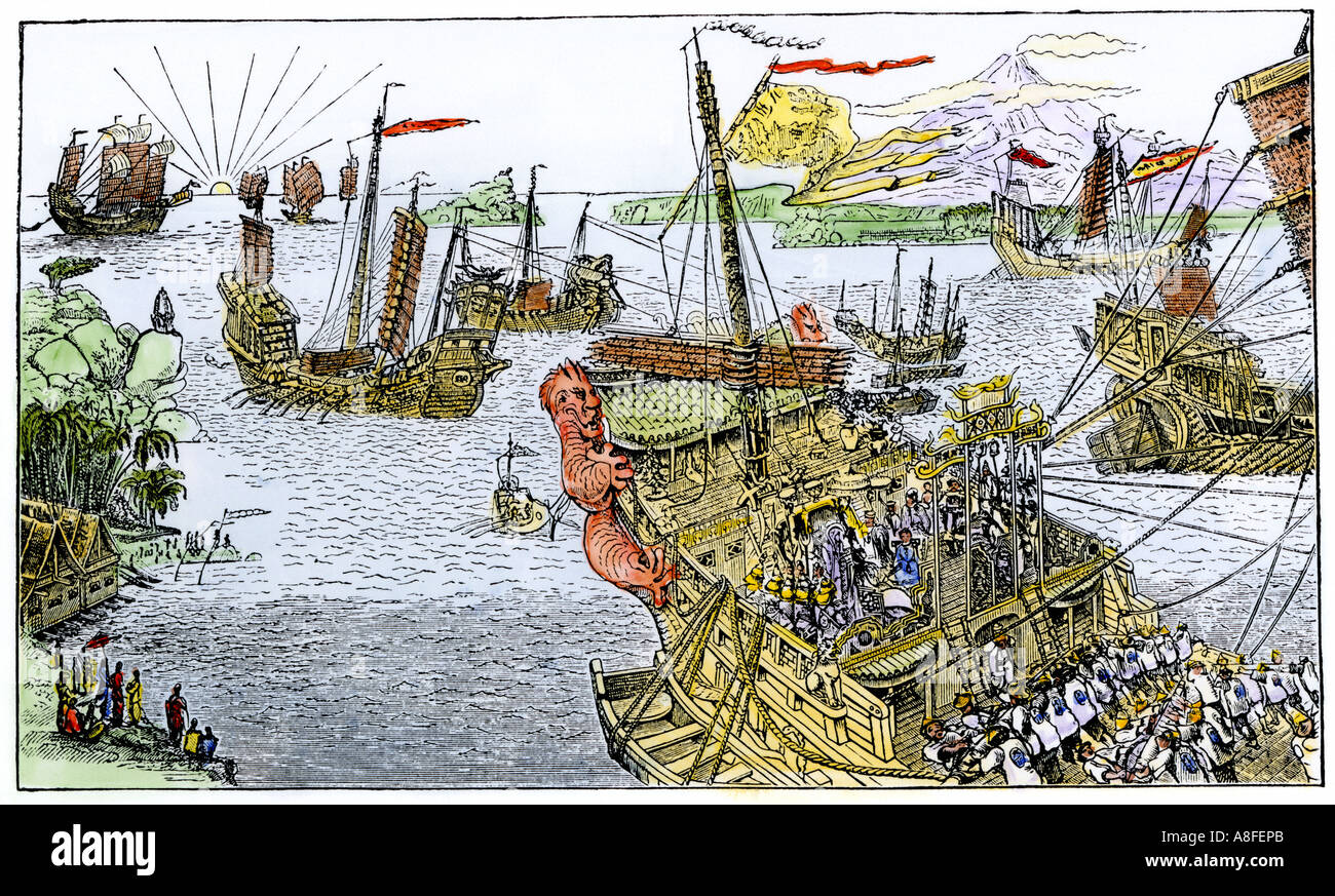Schiffe von Marco Polo im Mittelmeer 1300. Hand - farbige Holzschnitt Stockfoto