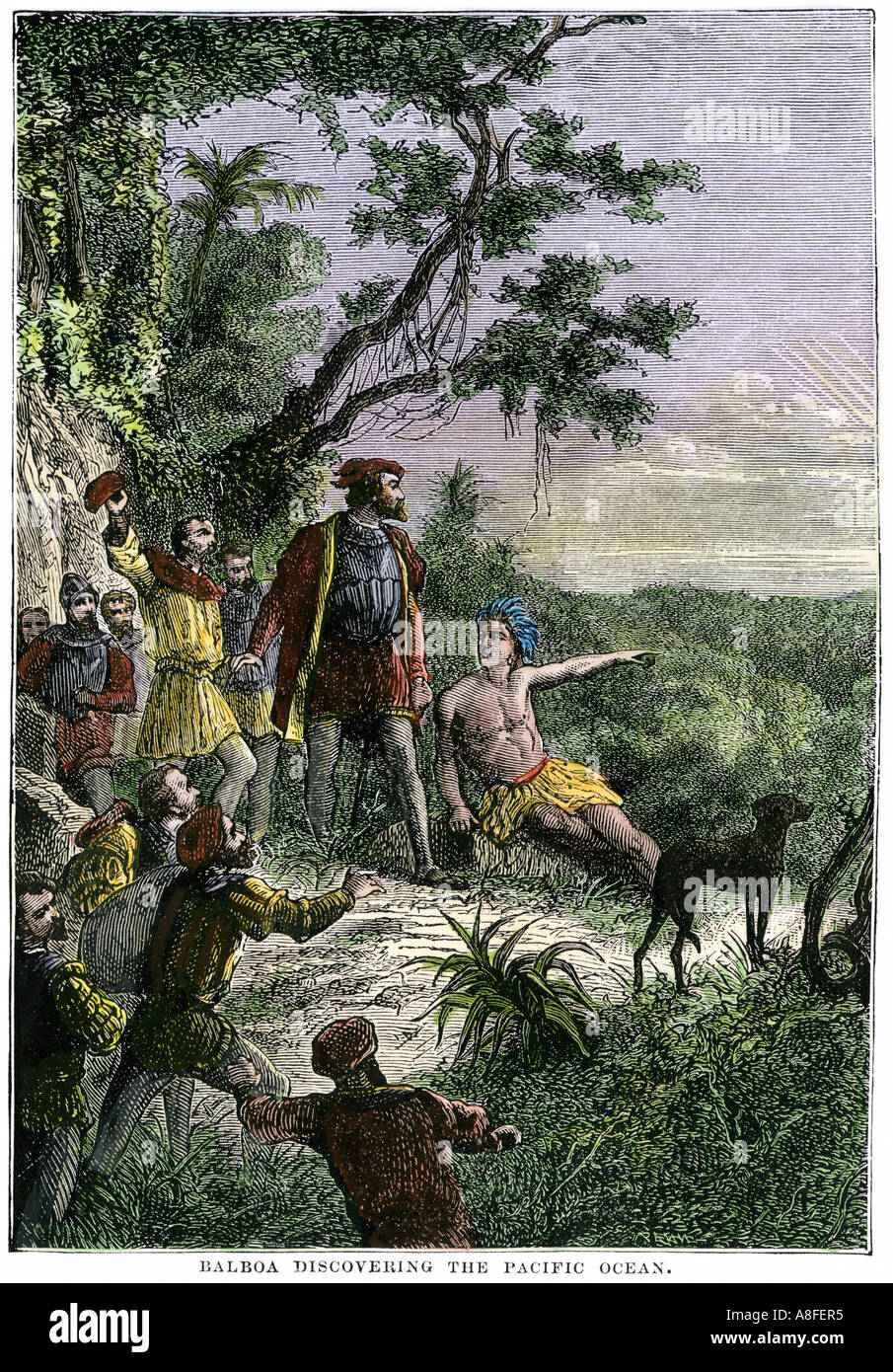 Vasco Nunez de Balboa Kreuzung Panama im Pazifischen Ozean im Jahre 1513. Hand - farbige Holzschnitt Stockfoto