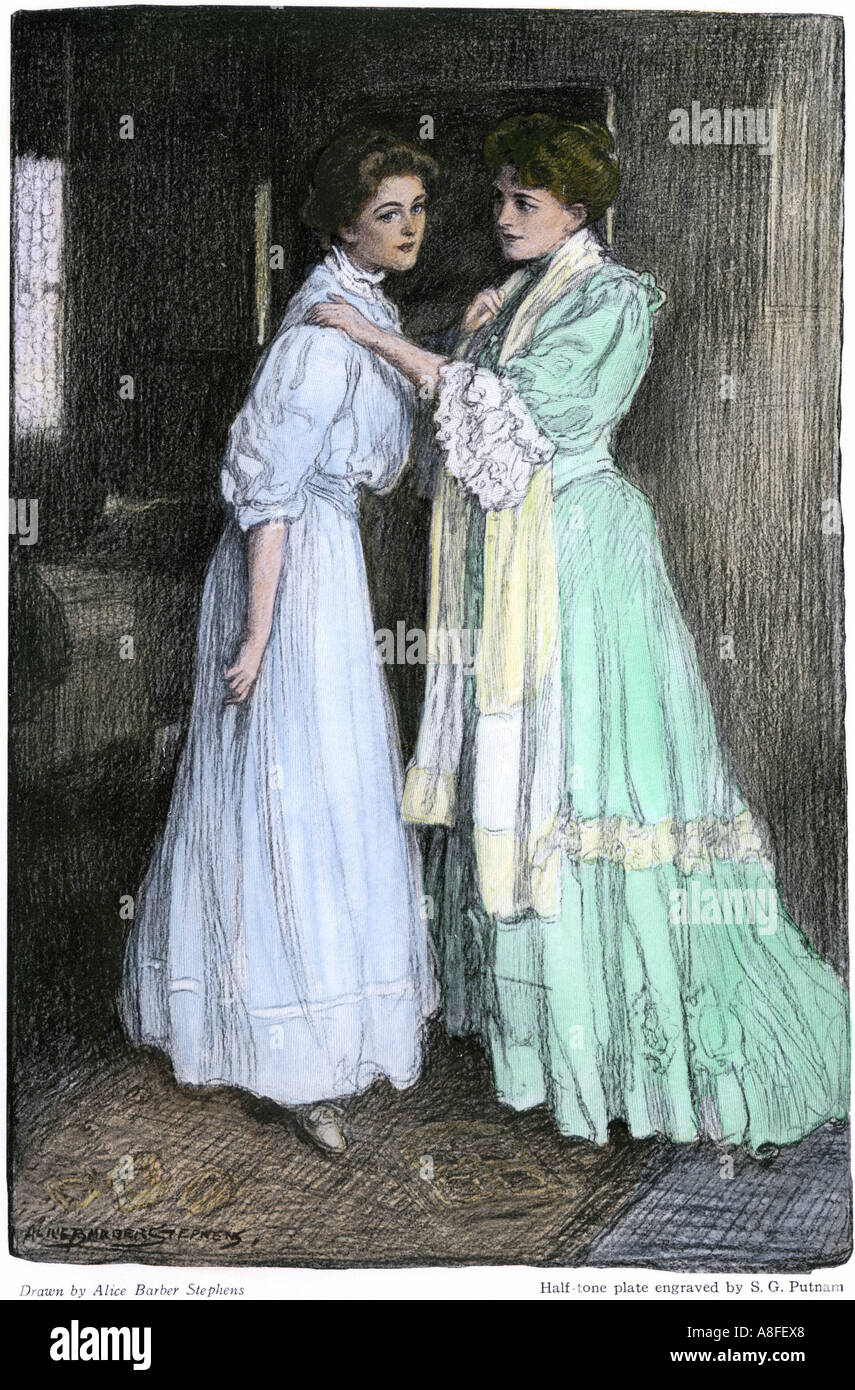 Zwei junge Frauen sprechen, ca. 1900. Handcolorierte halftone einer Abbildung Stockfoto