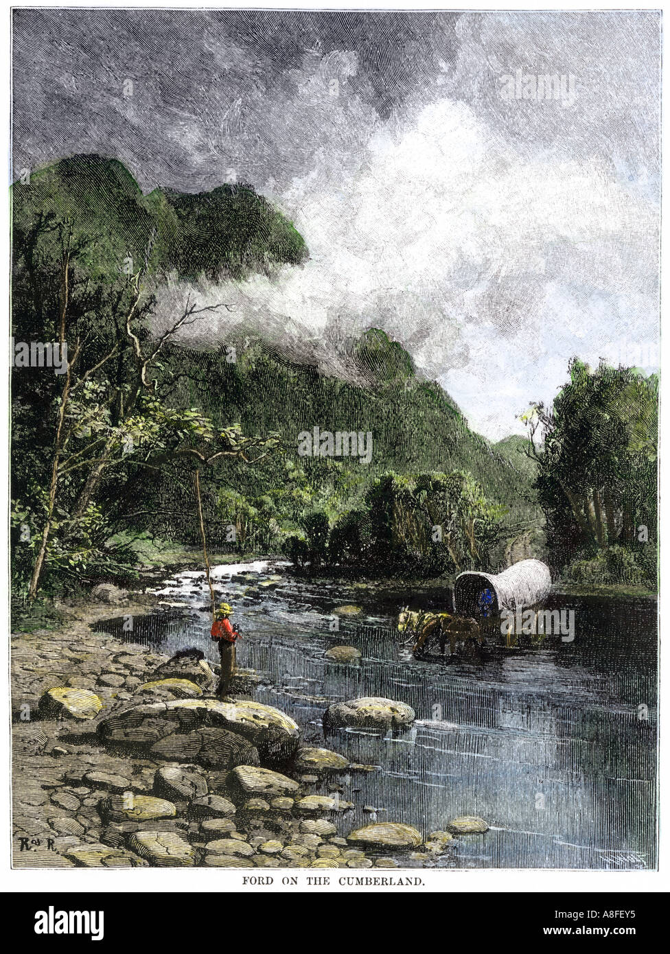 Planwagen wattiefe die Cumberland River auf der Wilderness Road in Kentucky 1800. Hand - farbige Holzschnitt Stockfoto