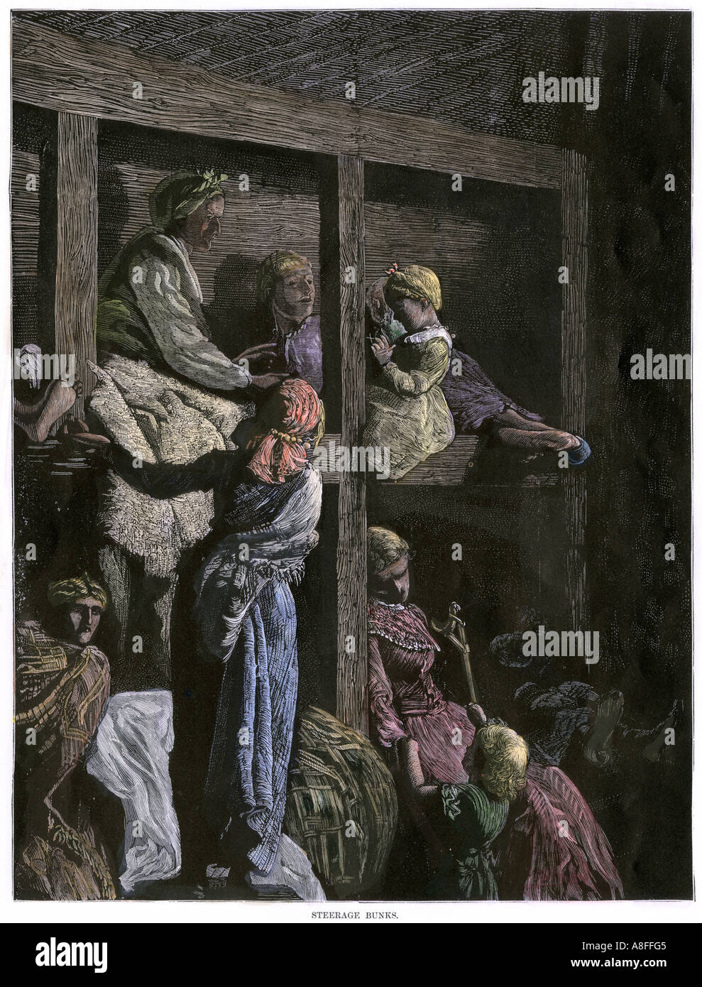 Kojen der Europäischen Emigranten im Zwischendeck Segeln nach Amerika 1870. Hand - farbige Holzschnitt Stockfoto