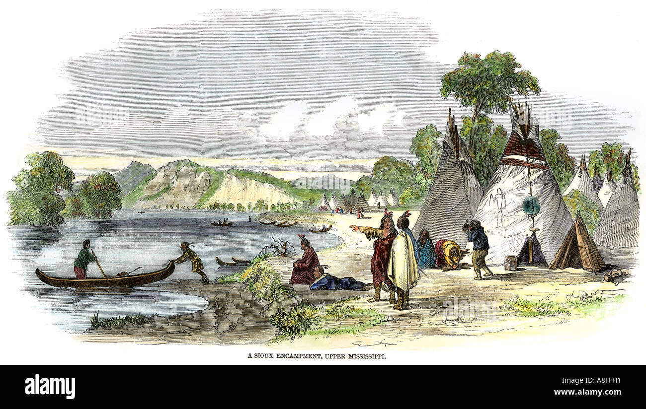Sioux Dorf entlang der oberen Mississippi River 1800. Hand - farbige Holzschnitt Stockfoto