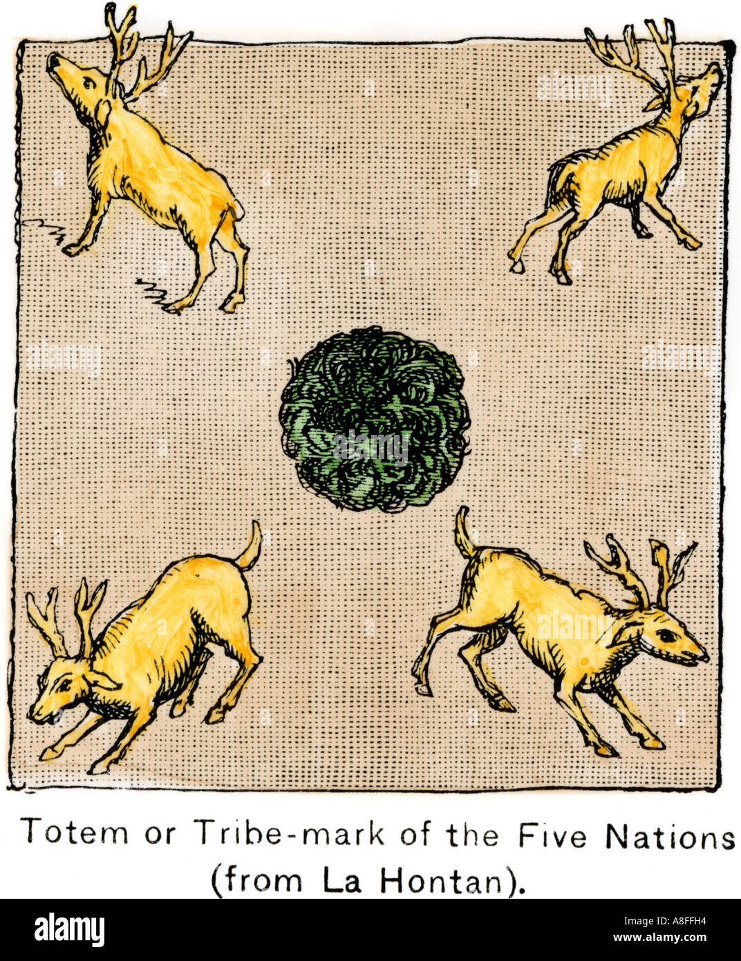 Totem oder Stamm Mark von den fünf Nationen der Irokesen. Hand - farbige Holzschnitt Stockfoto