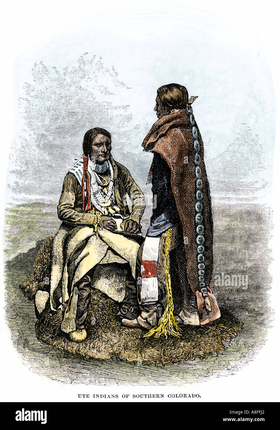 Ute Indianer der südlichen Colorado 1800s. Hand - farbige Holzschnitt Stockfoto