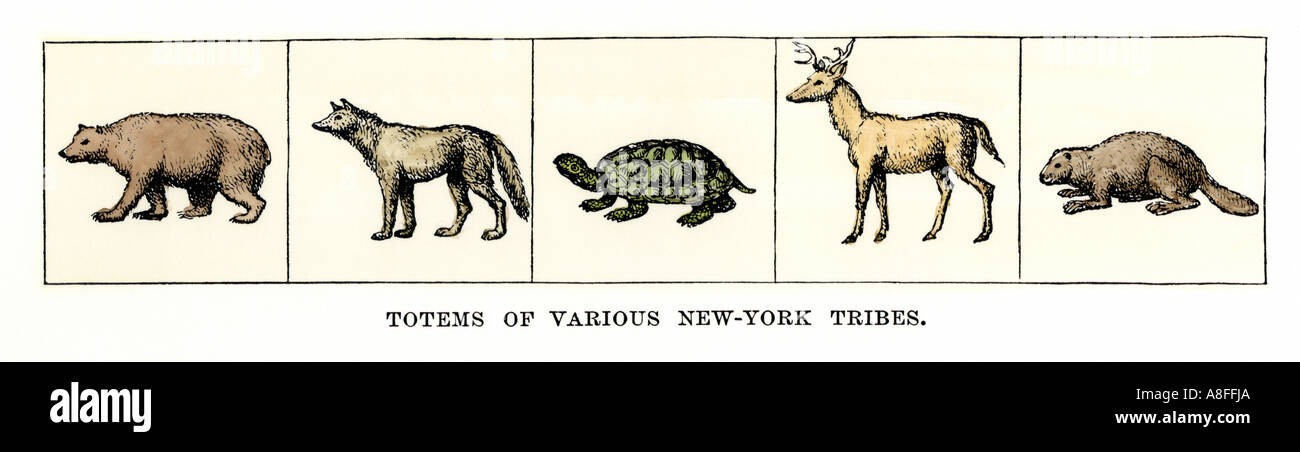 Totems der verschiedenen New York Indianische Stämme einschließlich bear Wolf turtle Rehe und Biber. Hand - farbige Holzschnitt Stockfoto