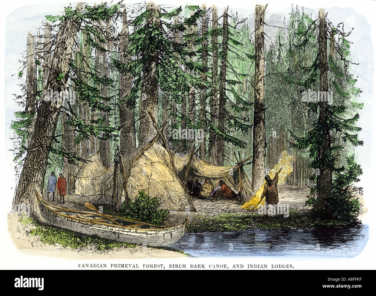 Native American Lodges und birchbark Canoe in einem kanadischen Wald. Hand - farbige Holzschnitt Stockfoto