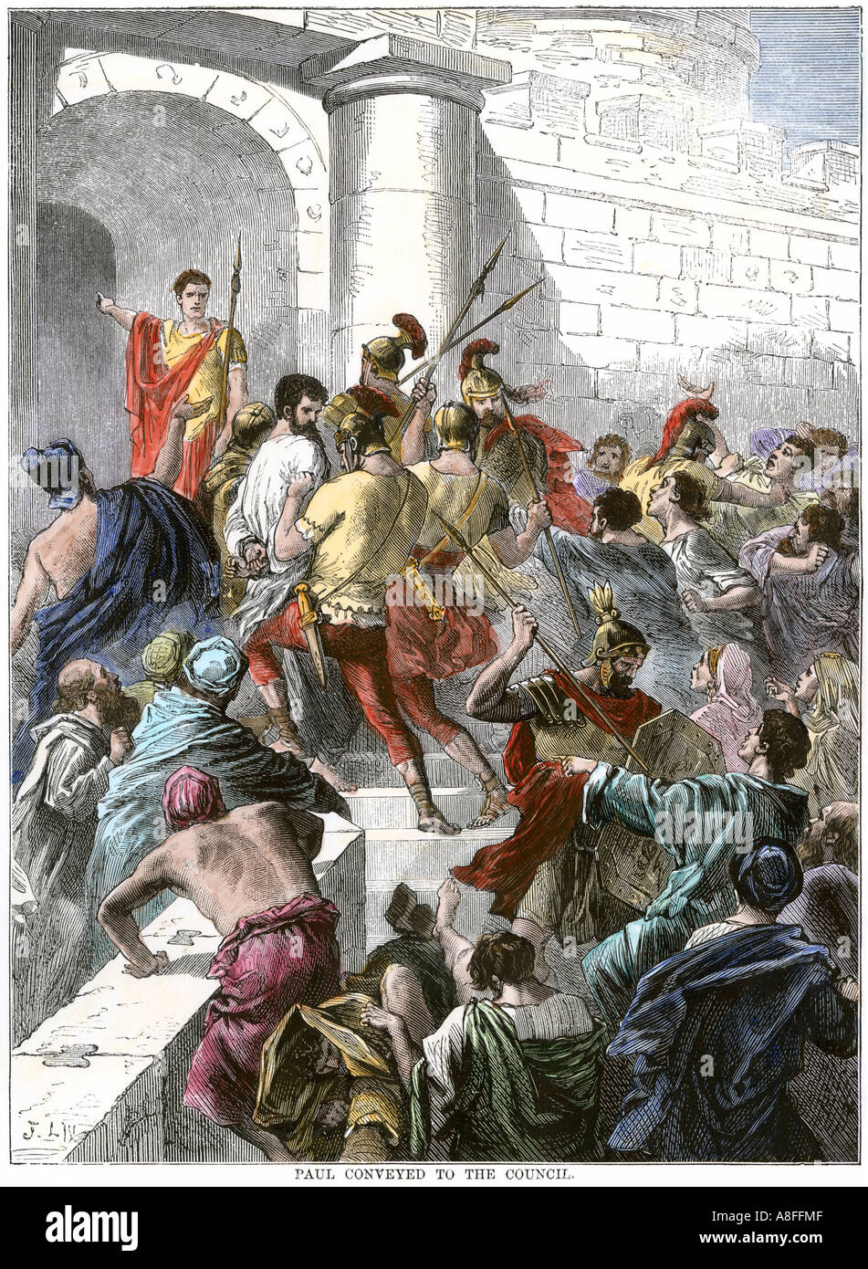 Paulus in Jerusalem verhaftet und an die römischen Behörden berücksichtigt. Hand - farbige Holzschnitt Stockfoto