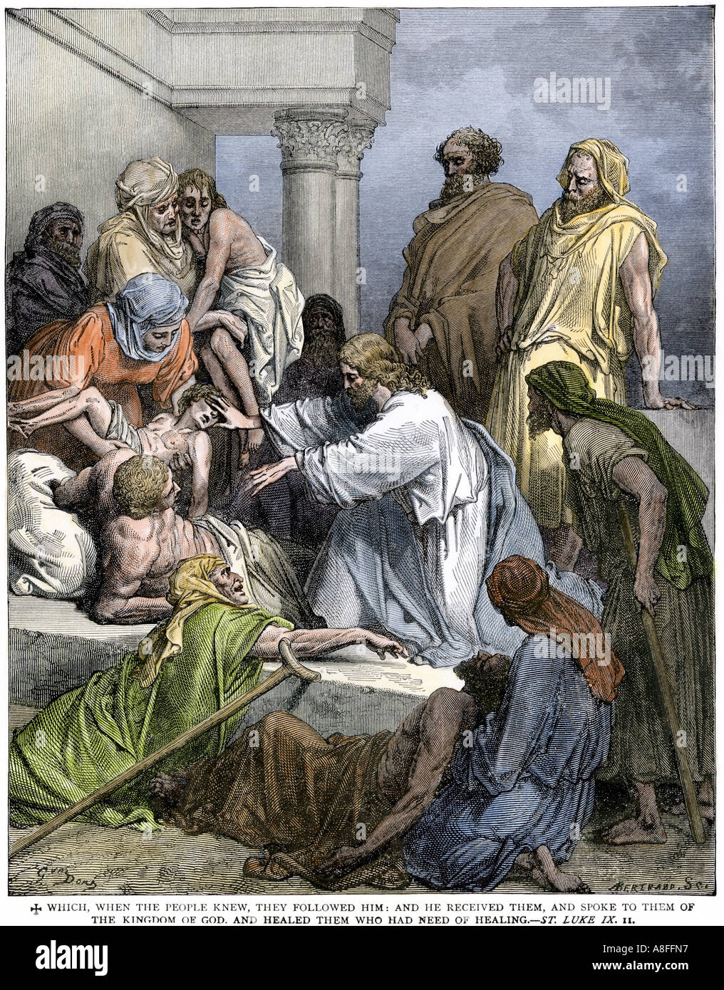 Jesus heilte die Kranken und Lahmen. Hand - farbige Holzschnitt Stockfoto
