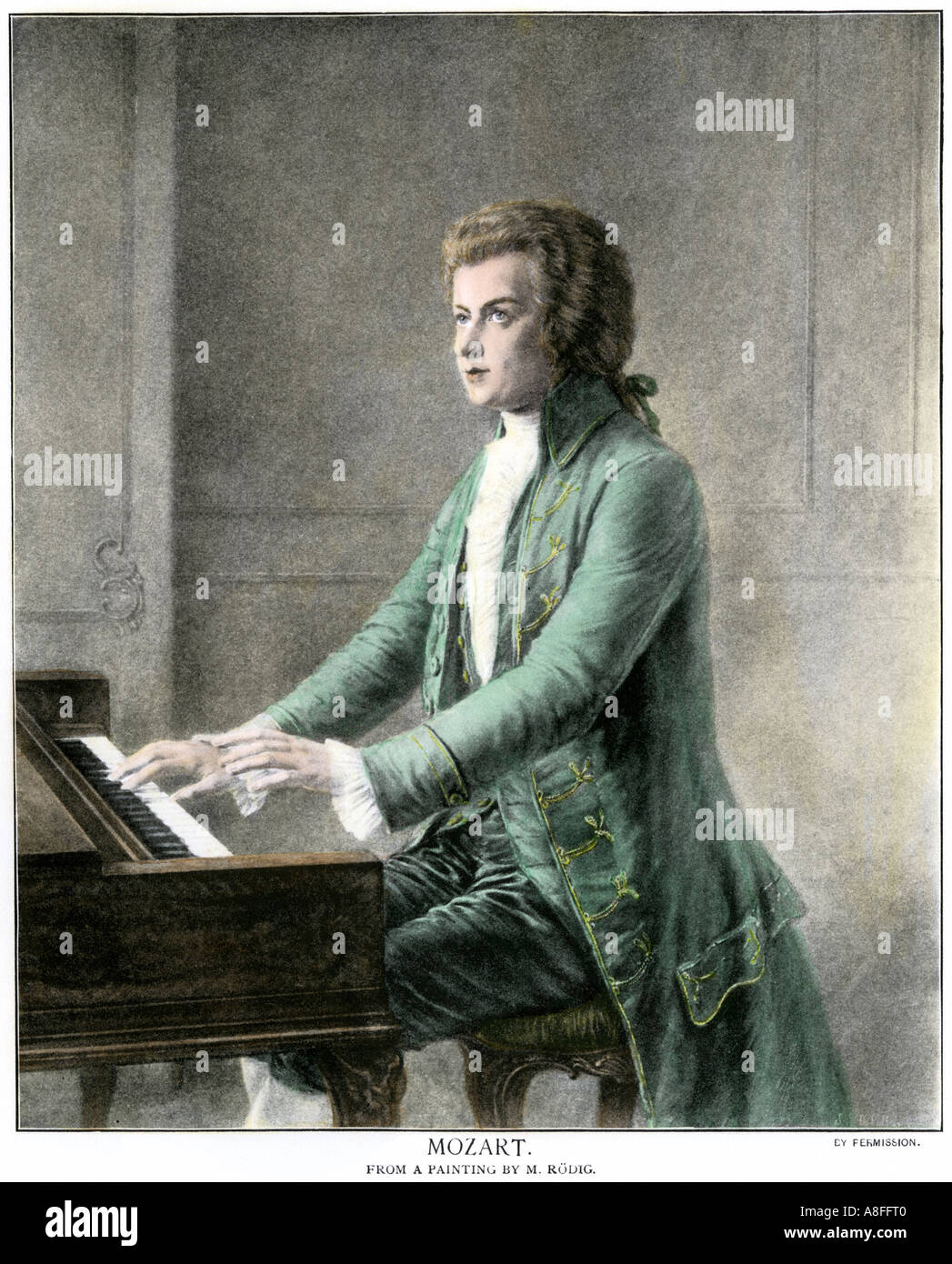 Wolfgang Amadeus Mozart an der Tastatur. Handcolorierte halftone einer Abbildung Stockfoto