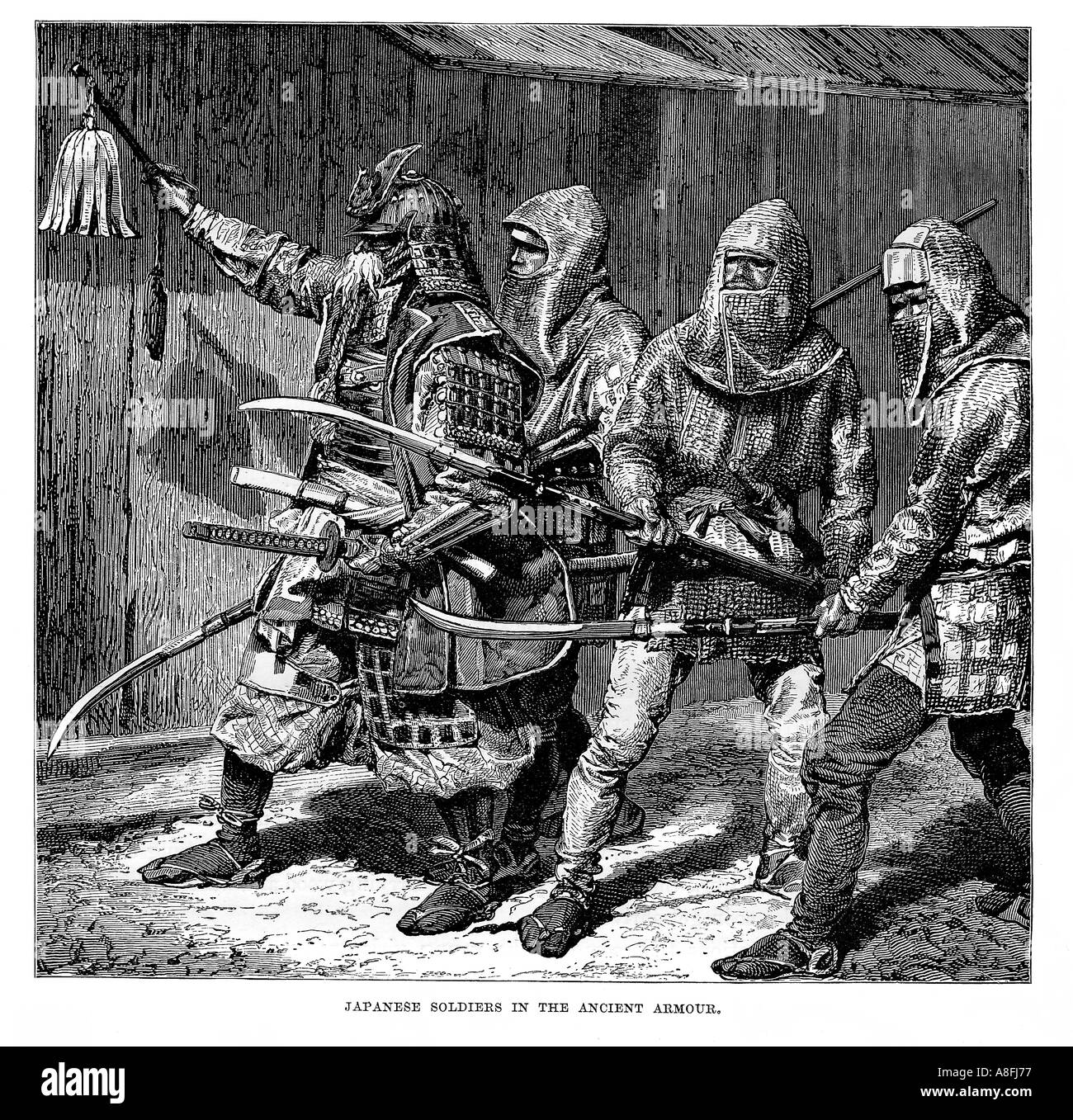 19. Jahrhundert Gravur berechtigt japanische Soldaten in der alten Rüstung antiken Gravur Monochrom drucken C 1870 Stockfoto