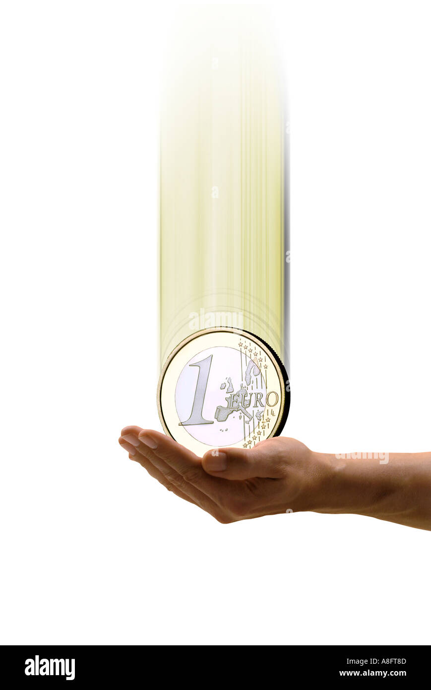 1 Euro fallen in eine Hand 1 Euromünze Fällt in der Hand Stockfoto