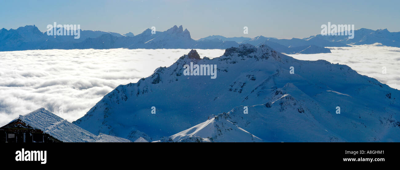 Panoramablick auf die Alpen, Val Thorens, Frankreich Stockfoto