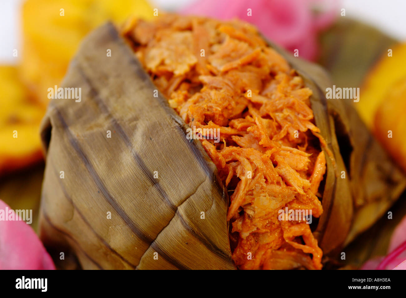 Mexikanisches Essen, Cochinita Pibil, Bananenblatt eingewickelt Schweinefleisch gekocht Barbacoa Stil Stockfoto