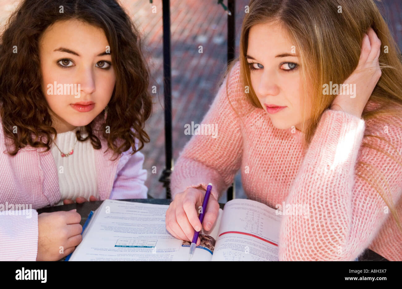 Zwei kaukasische Teenagermädchen studieren zusammen in einem Straßencafé in den USA. Stockfoto