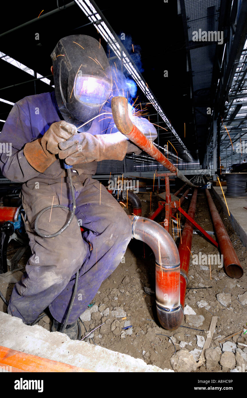 Schweißer-Männer bei der Arbeit in den Gewächshäusern auflegen ein Eisenrohr Westland Zuid Holland Stockfoto