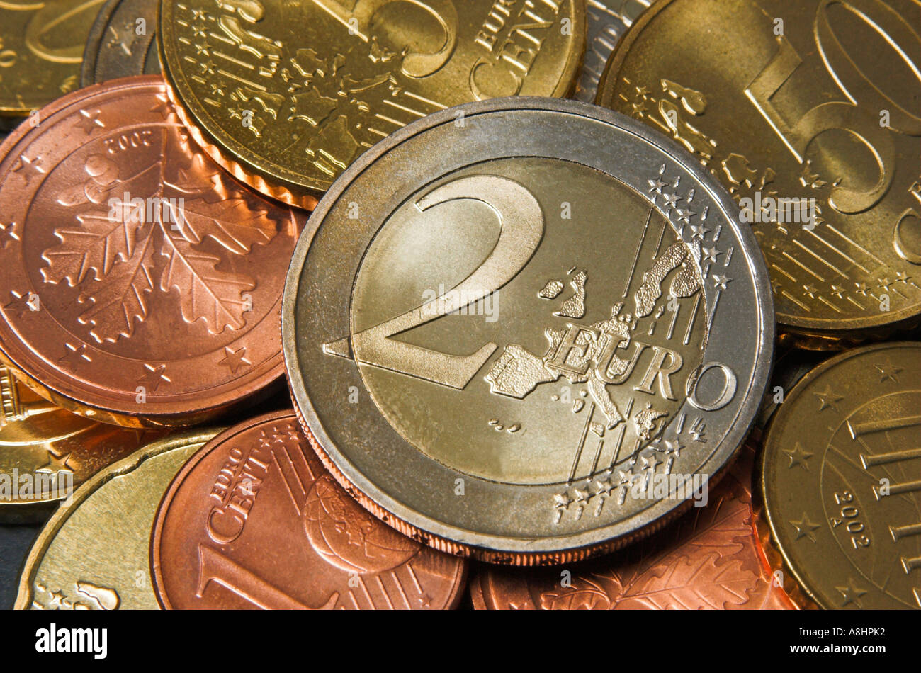 Nahaufnahme von einer zwei-Euro-Münze Stockfoto