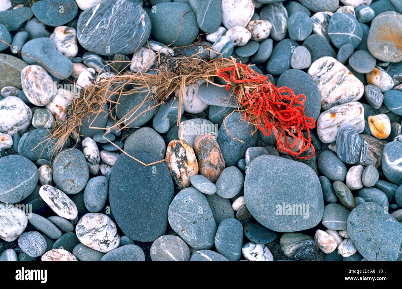 Seil und andere Verunreinigungen angeschwemmt auf Kiesel Strand, Gillespie, Südinsel, Neuseeland Stockfoto