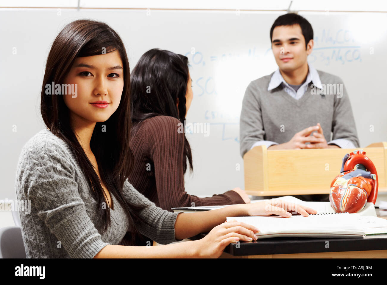 Porträt einer jungen Frau sitzt mit ihrer Freundin im Klassenzimmer Stockfoto