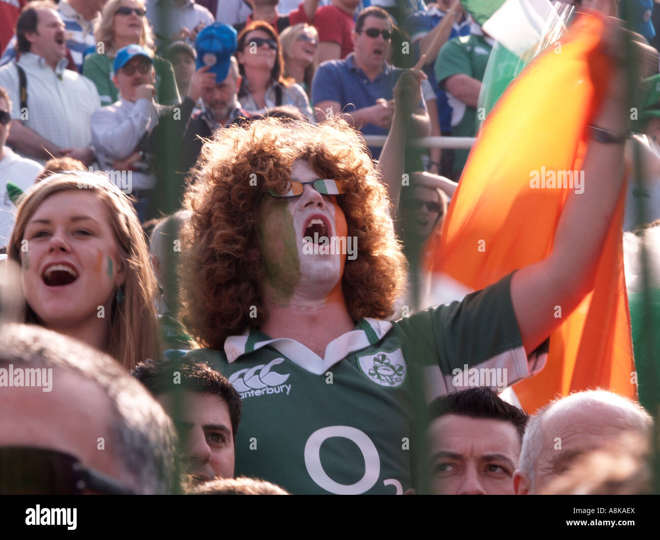 Irischer Rugby-fans im Publikum für Italien / Irland sechs Nationen 17. März 2007 Stockfoto