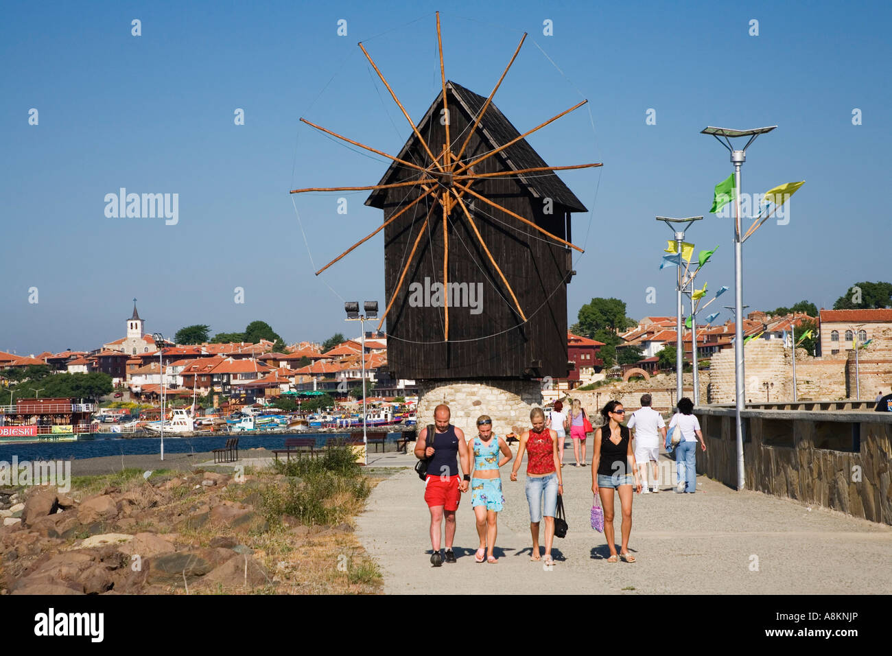 Windmühle von Nessebar, Schwarzes Meer, Bulgarien Stockfoto