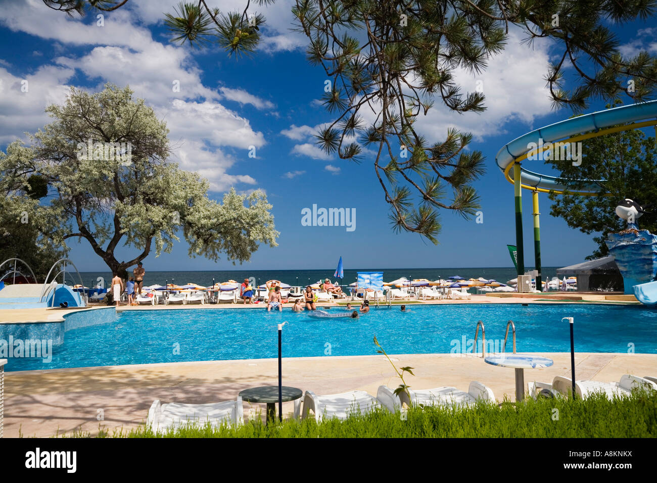Hotel und Schwimmbad, Golden Beach, Zlatni Pjasuci, Schwarzes Meer, Bulgarien Stockfoto