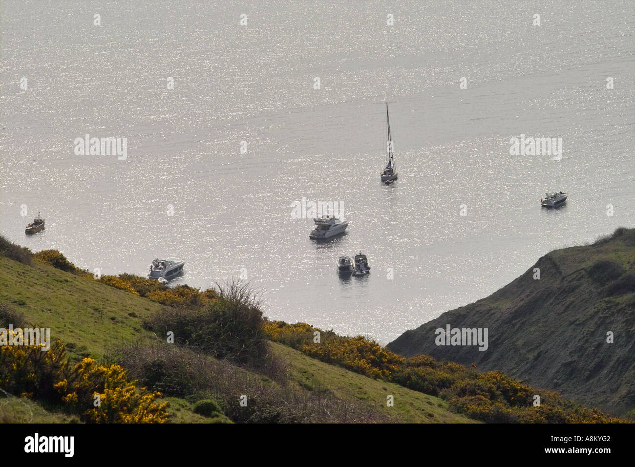 Boote verankert Chapmans Pool in der Nähe von St Aldhelms Head an der Küste von Dorset England UK Stockfoto