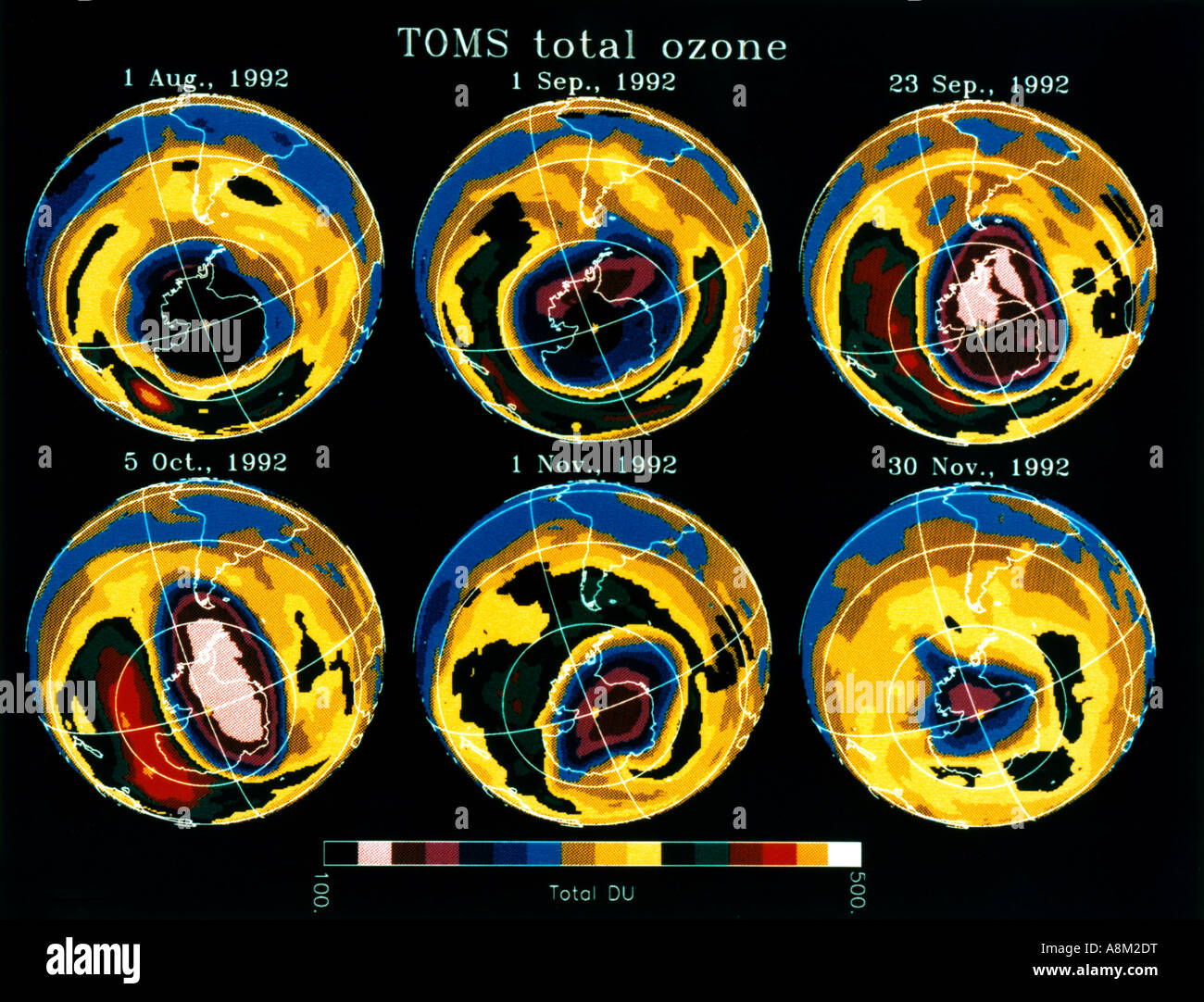 Ozon-Mapping-Spektrometer (TOMS) Ozondaten von Nimbus - 7-Satellitenkarten, die die Verarmungslücke über der Antarktis im August 1. 1992 vergleichen Stockfoto