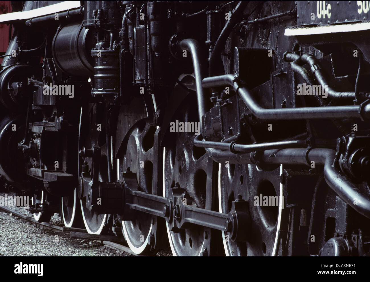 Close up of the drive wheels on a restored steam locomotive Stockfoto