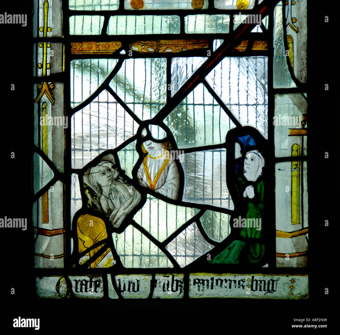 Letzte Ölung, Detail aus Ostfenster. Kirche des Heiligen Antonius, Baden-Baden fiel. Nationalpark Lake District, Cumbria, England. Stockfoto