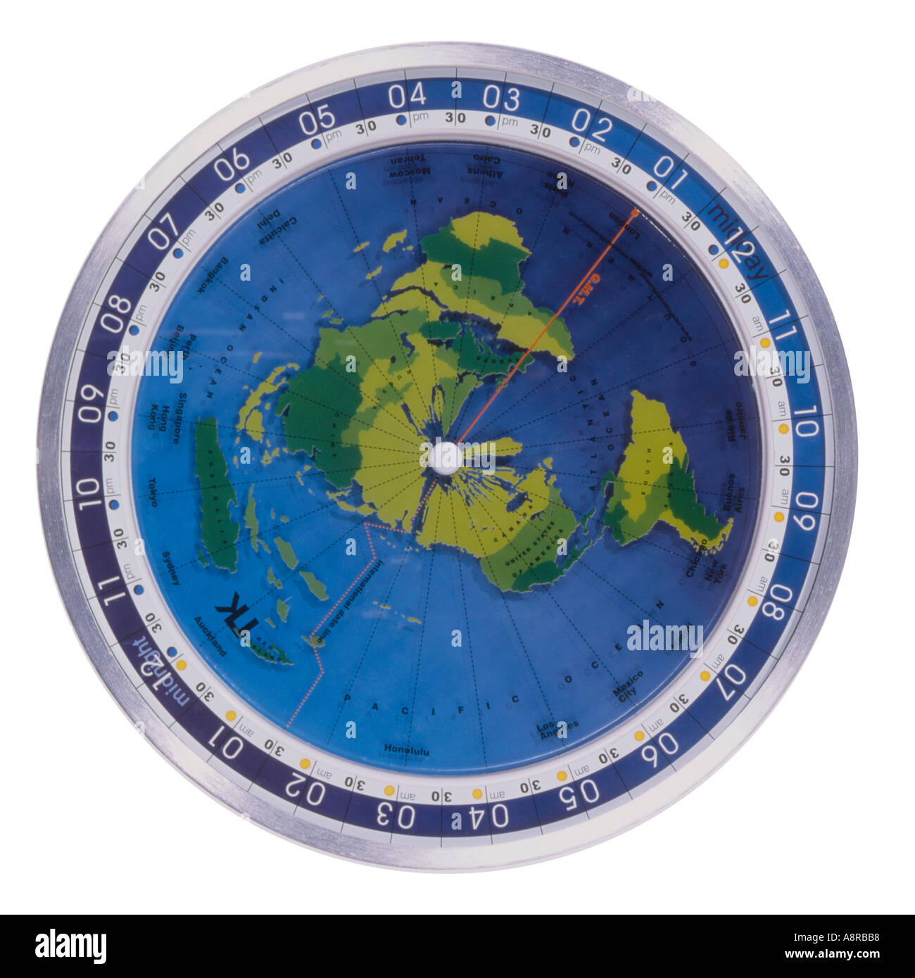 Uhr Welt Weltkarte von oben Stockfoto