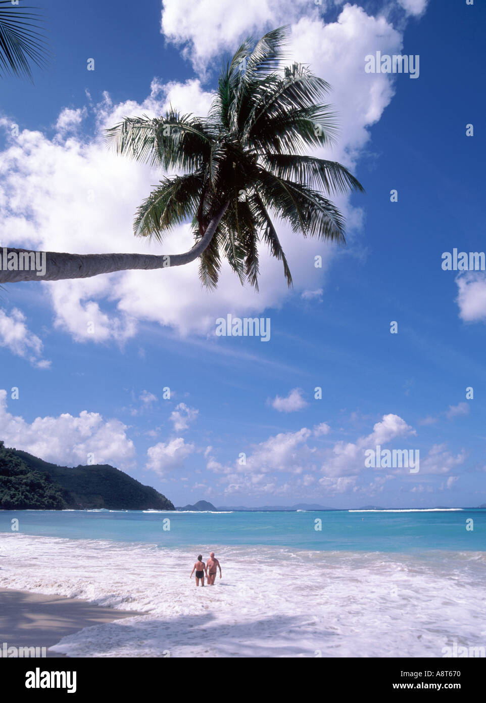 Karibik Urlaub Paar genießen die tropische Surf&Küstenlinie von Cane Garden Bay Strand unter überhängenden Palm Tree Tortola British Virgin Islands Stockfoto