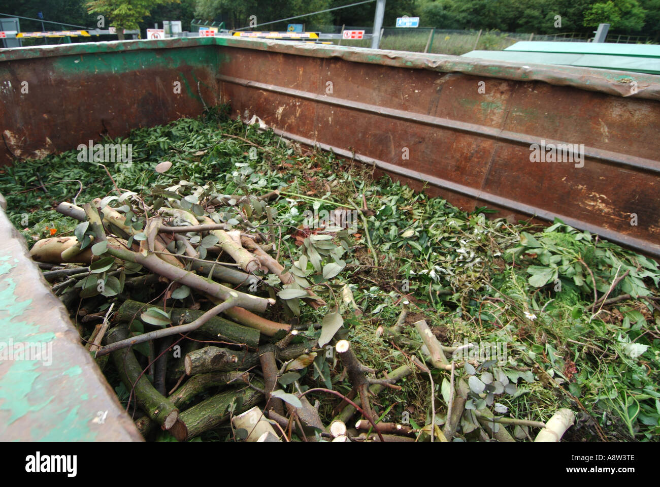 Gebietskörperschaft öffentlichen Recyclinganlage für grüne Gartenabfälle und Platzierung in dedizierten Lagerplatz für die Entfernung zur Aufbereitungsanlage Stockfoto