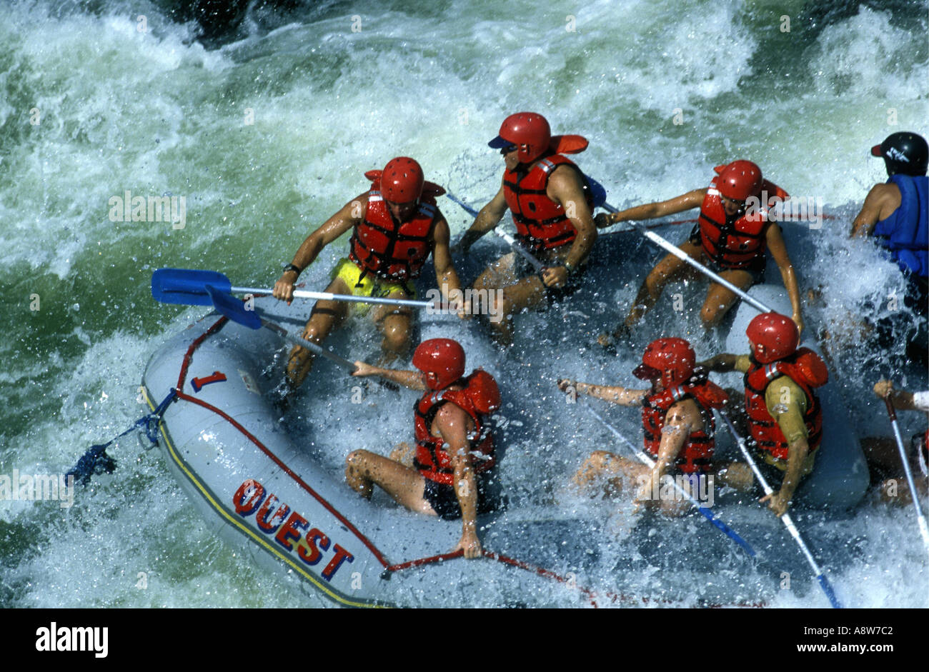 Wildwasser-rafting auf dem Sambesi-Fluss in der Nähe von Victoria Falls am Zambezi Nationalpark Simbabwe Afrika Stockfoto